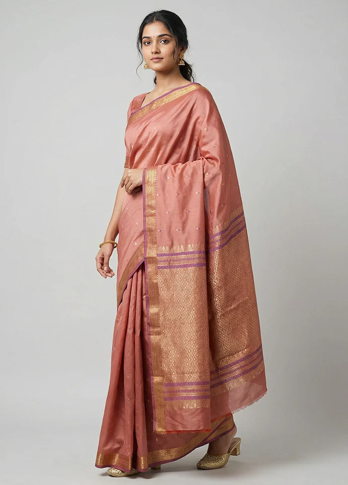 Peach Kanjivaram Silk Saree With Blouse Piece