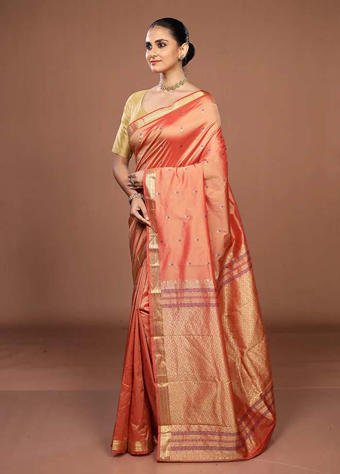 Peach Kanjivaram Silk Saree With Blouse Piece - Image 4