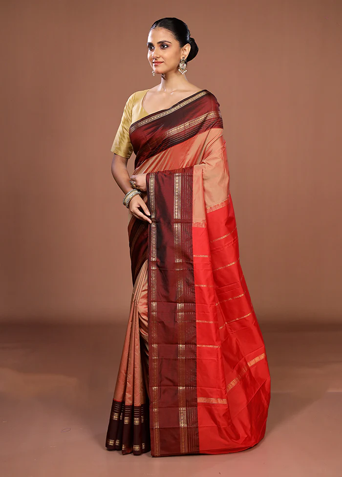 Peach Kanjivaram Silk Saree With Blouse Piece - Image 4