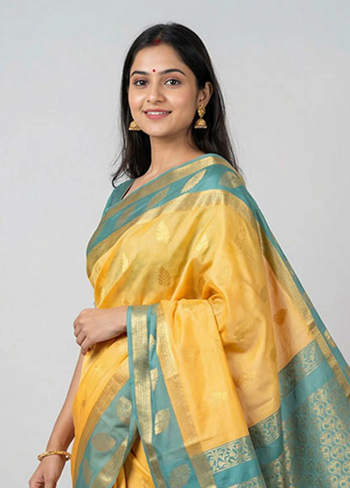 Yellow Kanjivaram Silk Saree With Blouse Piece - Image 2