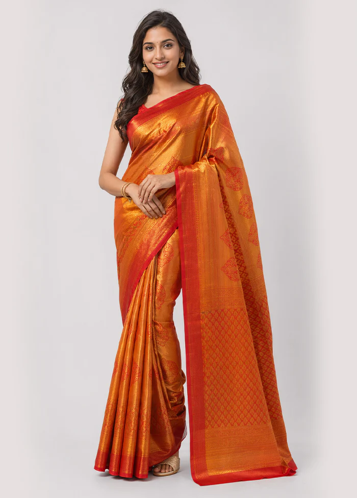 Peach Kanjivaram Silk Saree With Blouse Piece
