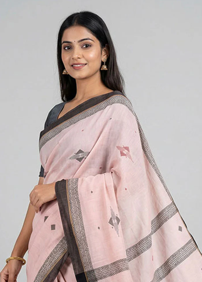 Peach Khadi Cotton Saree With Blouse Piece - Image 2