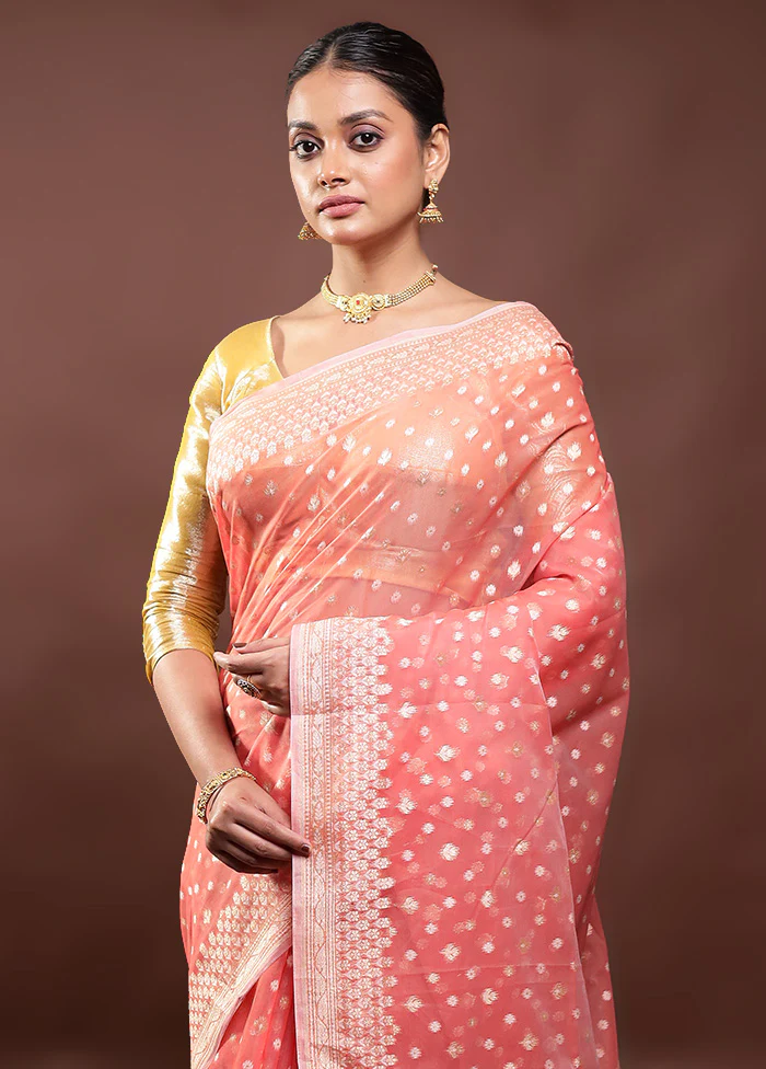 Peach Kora Silk Saree With Blouse Piece - Image 2