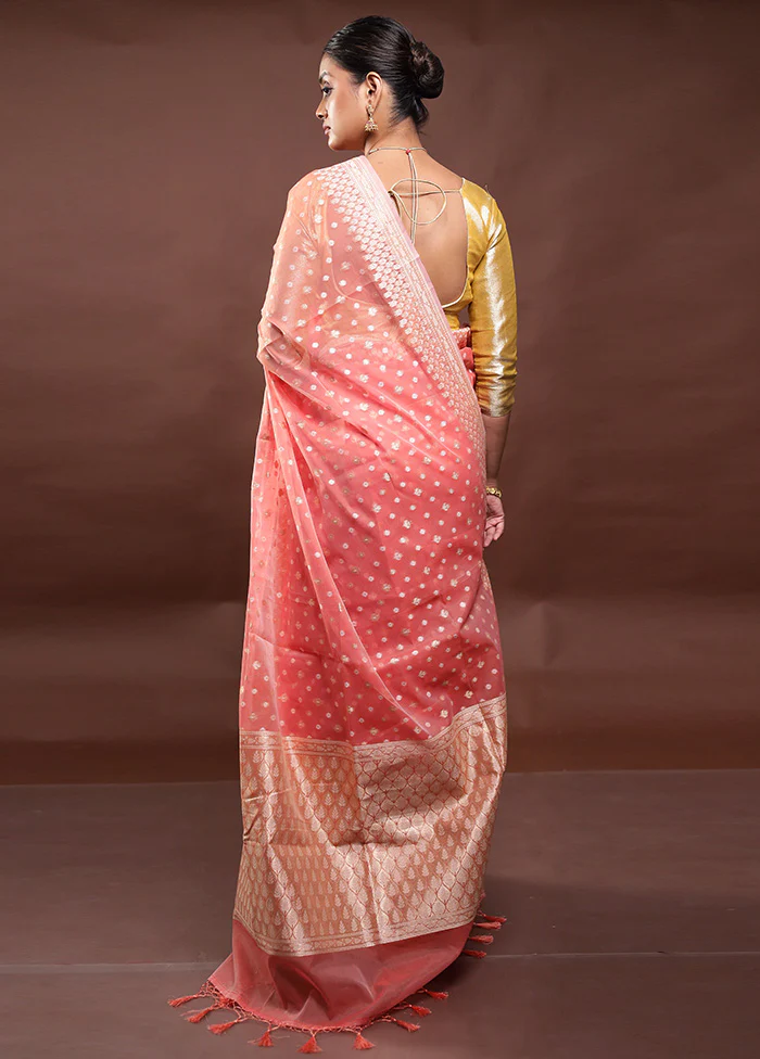 Peach Kora Silk Saree With Blouse Piece - Image 3