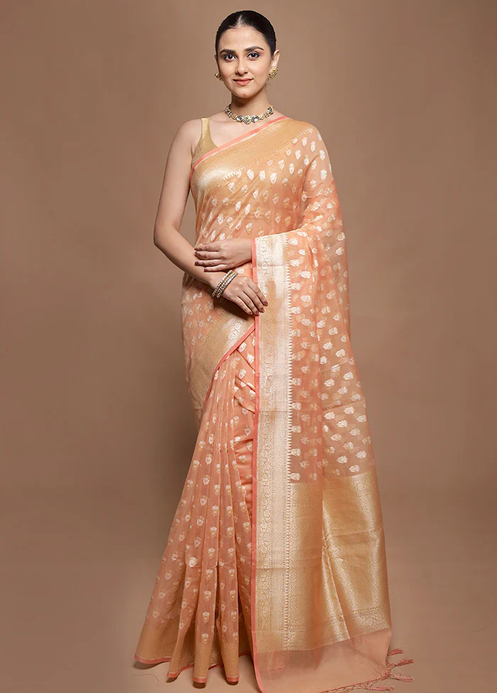 Peach Kora Silk Saree With Blouse Piece