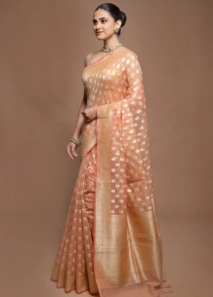 Peach Kora Silk Saree With Blouse Piece - Image 4