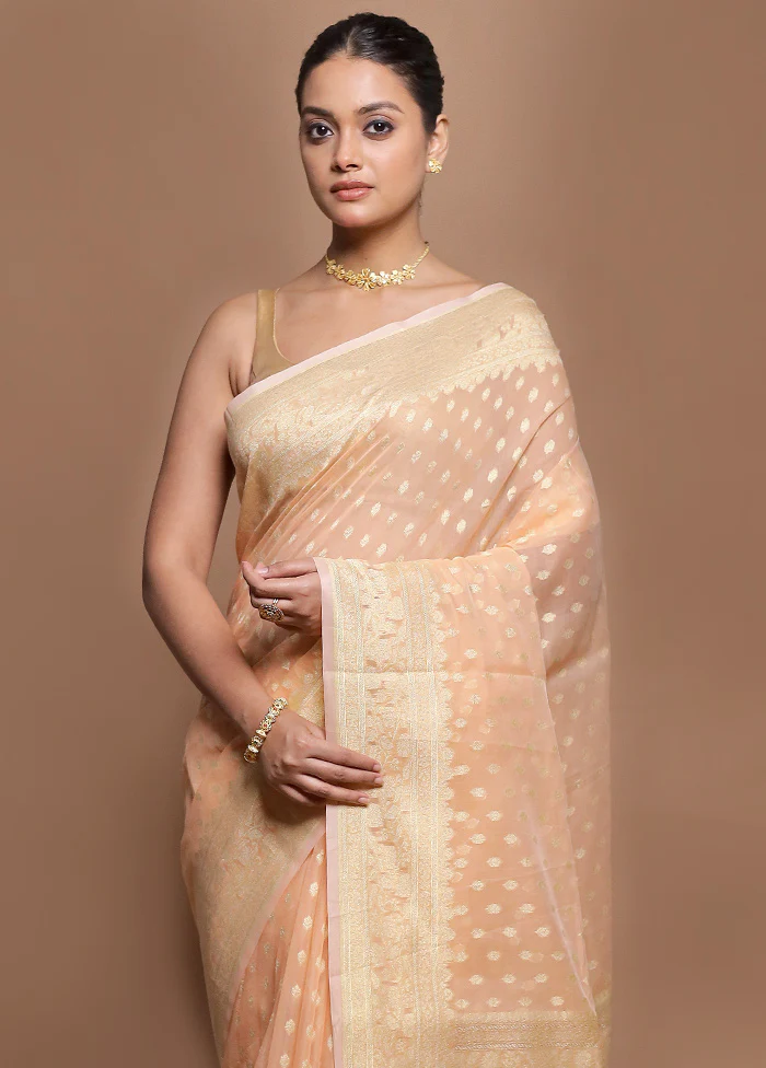 Peach Kora Silk Saree With Blouse Piece - Image 2