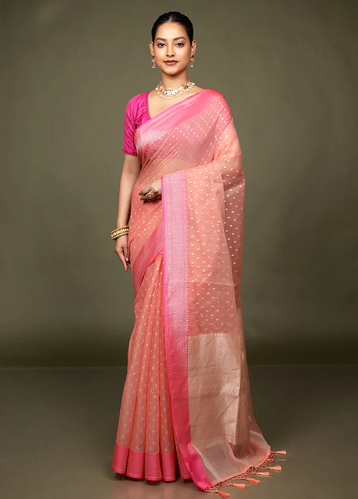 Peach Kora Silk Saree With Blouse Piece - Image 2