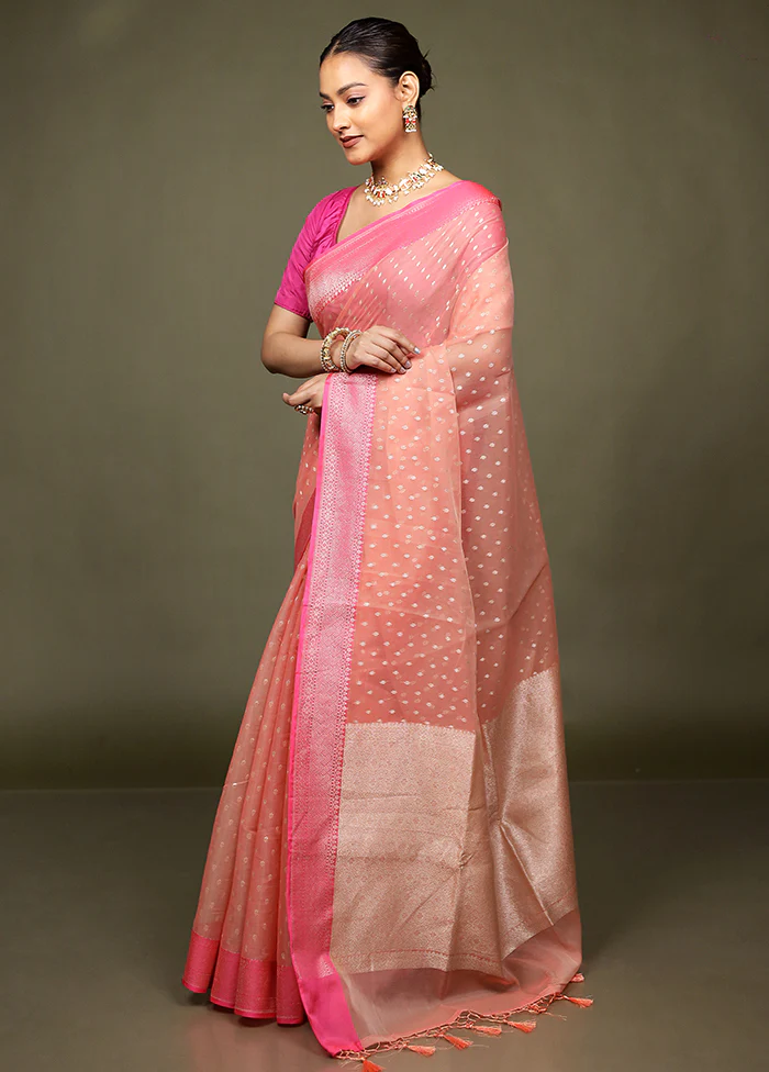 Peach Kora Silk Saree With Blouse Piece - Image 4