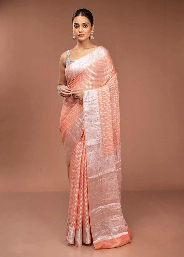 Peach Kora Silk Saree With Blouse Piece - Image 2