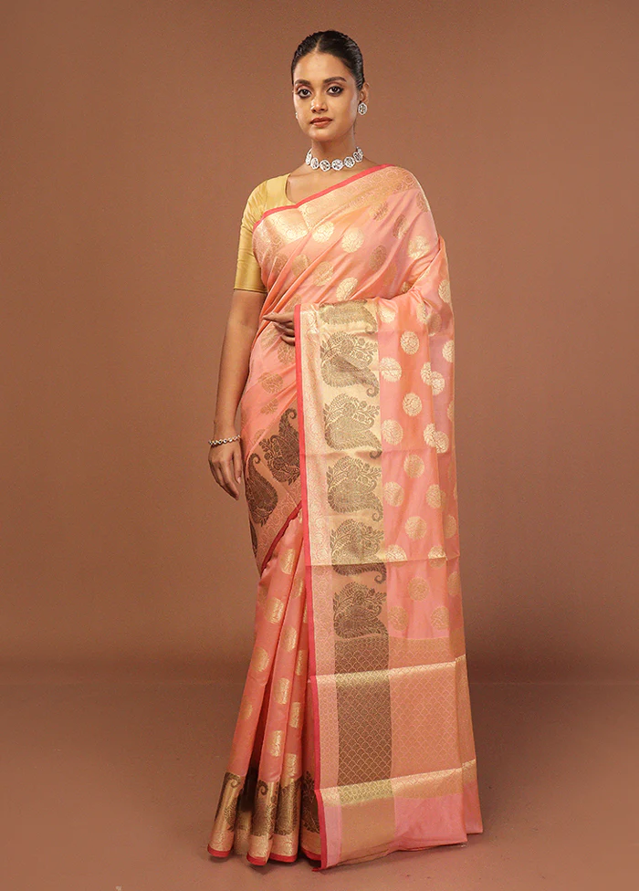 Peach Kora Silk Saree With Blouse Piece - Image 2