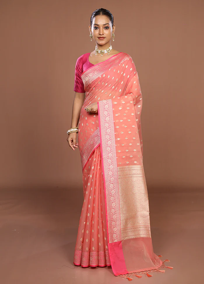 Peach Kora Silk Saree With Blouse Piece - Image 2