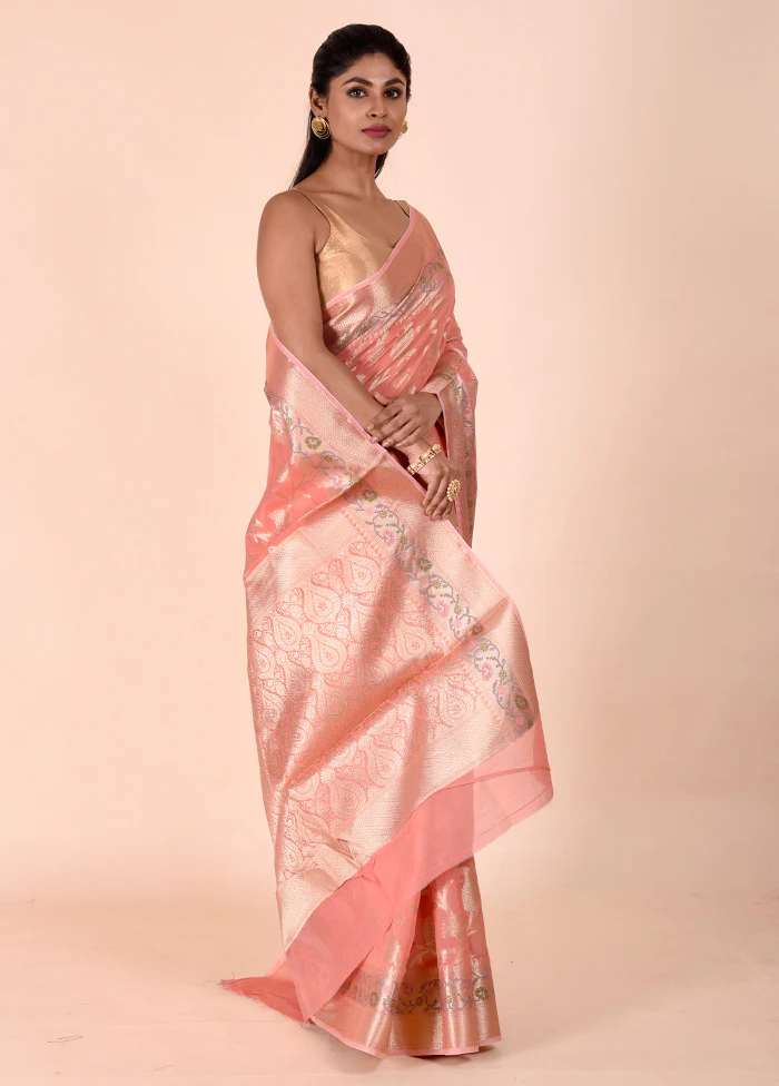 Peach Kota Cotton Saree With Blouse Piece - Image 4