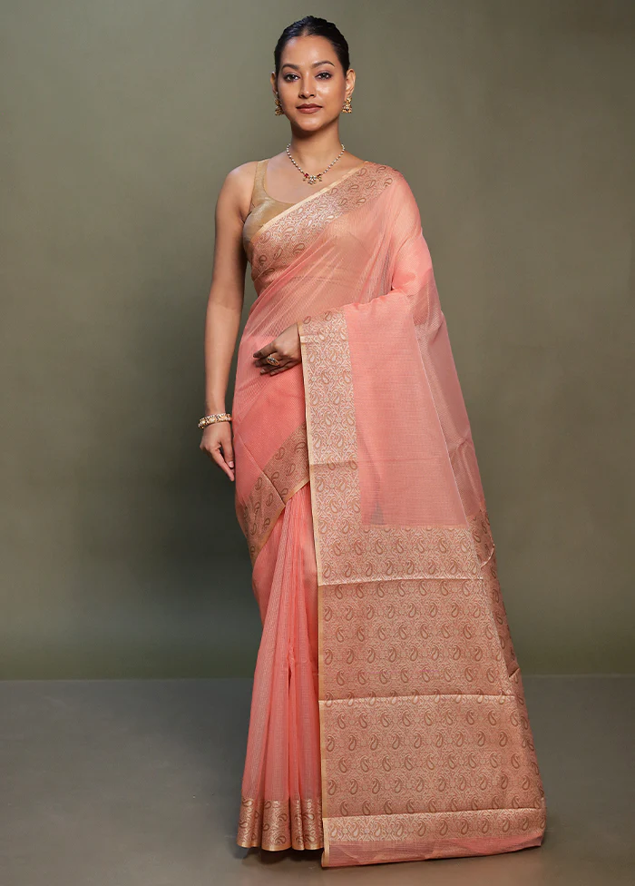Peach Kota Cotton Saree With Blouse Piece - Image 2