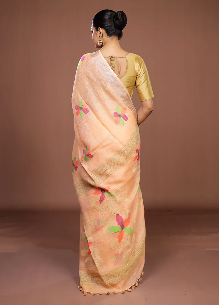 Peach Linen Silk Saree With Blouse Piece - Image 3