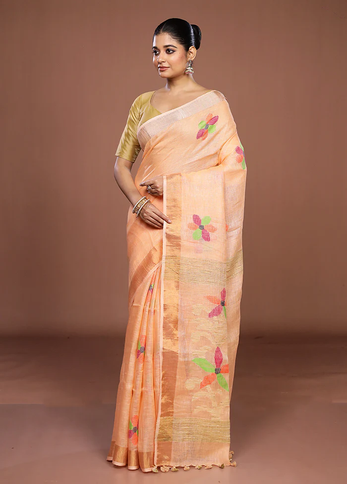 Peach Linen Silk Saree With Blouse Piece - Image 4
