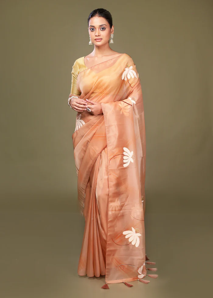 Peach Organza Saree With Blouse Piece - Image 2