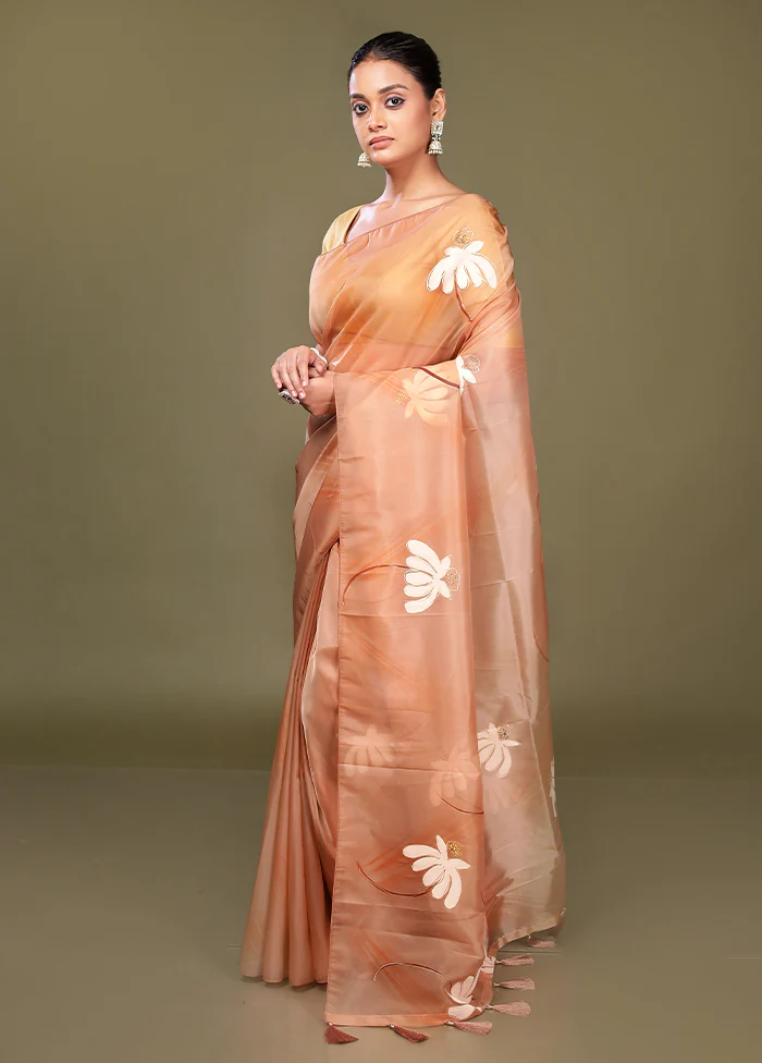 Peach Organza Saree With Blouse Piece - Image 4