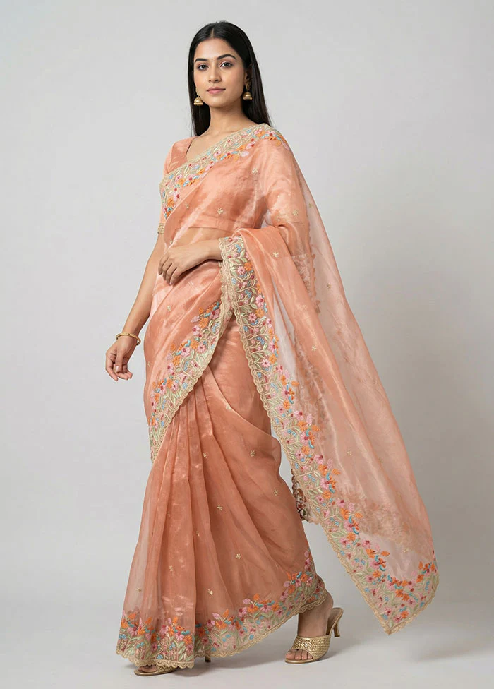 Peach Organza Saree With Blouse Piece