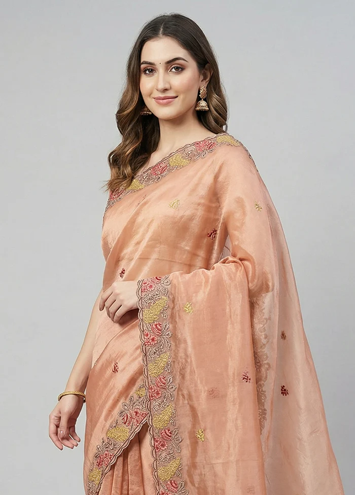 Peach Organza Saree With Blouse Piece - Image 2