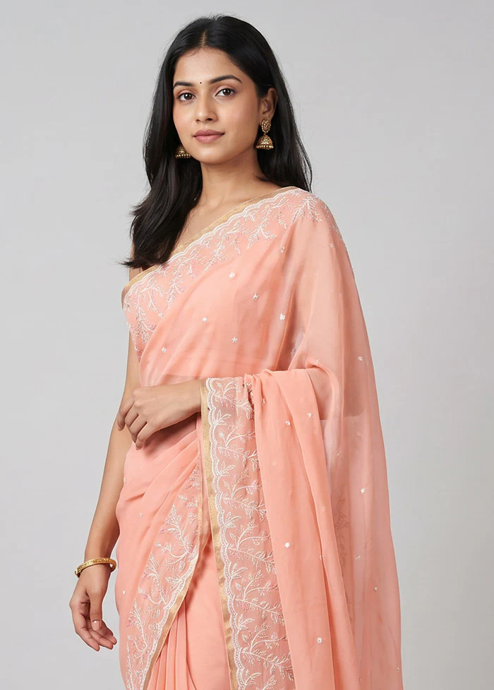Peach Organza Saree With Blouse Piece - Image 2