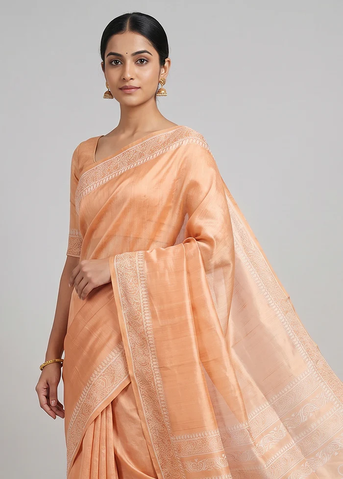 Peach Printed Silk Saree Without Blouse Piece - Image 2