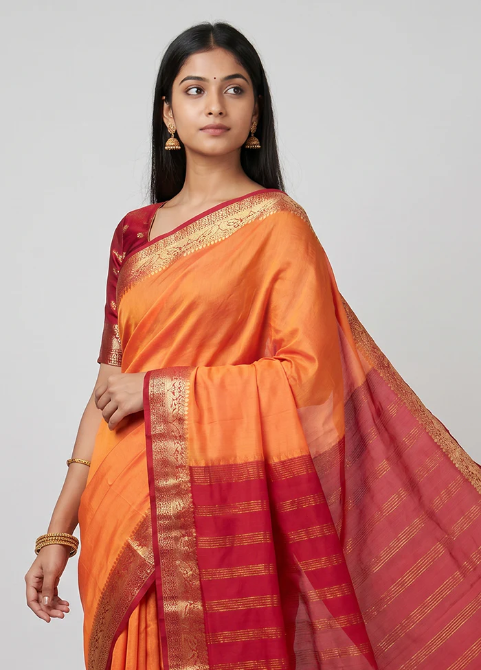 Peach Printed Silk Saree Without Blouse Piece - Image 2