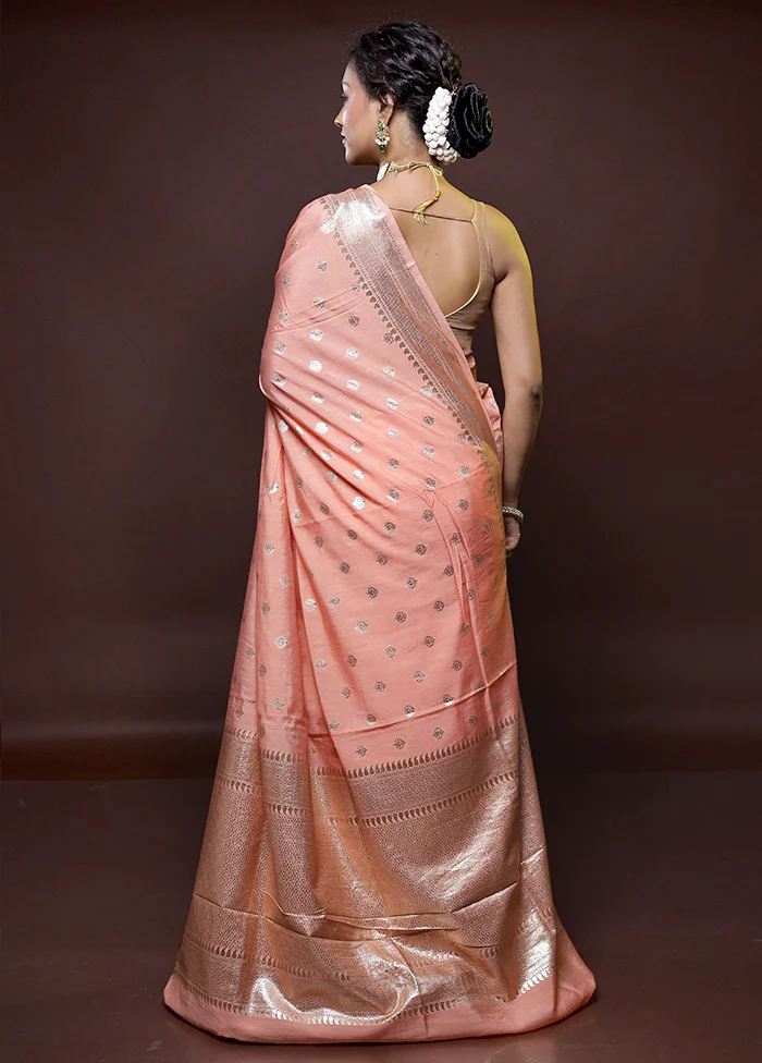 Peach Pure Cotton Saree With Blouse Piece - Image 3