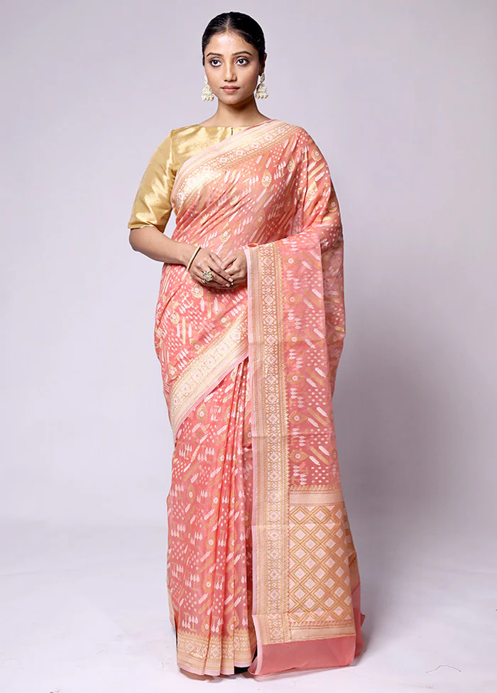 Peach Pure Cotton Saree With Blouse Piece - Image 2