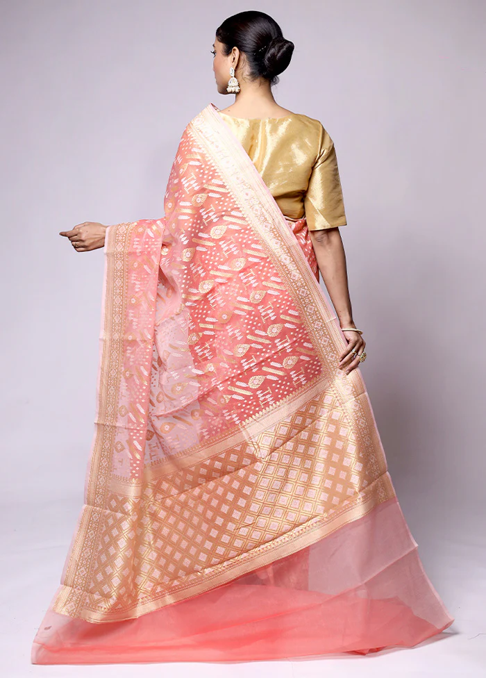 Peach Pure Cotton Saree With Blouse Piece - Image 3