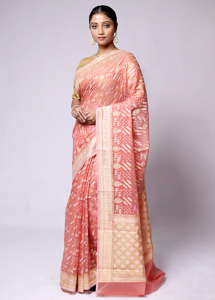 Peach Pure Cotton Saree With Blouse Piece - Image 4