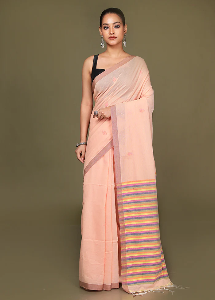 Peach Pure Cotton Saree With Blouse Piece - Image 2