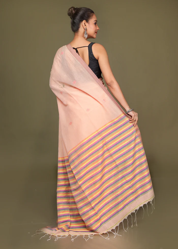 Peach Pure Cotton Saree With Blouse Piece - Image 3