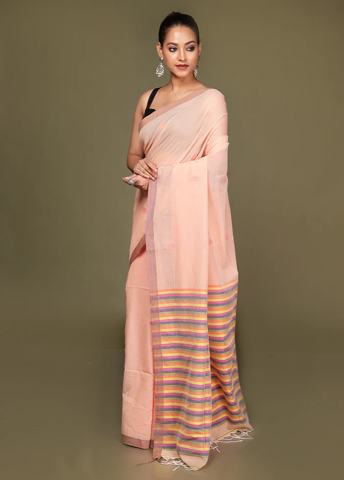 Peach Pure Cotton Saree With Blouse Piece - Image 4