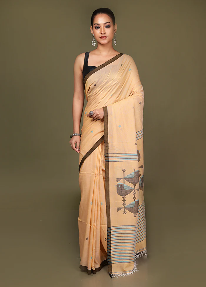 Peach Pure Cotton Saree With Blouse Piece - Image 2