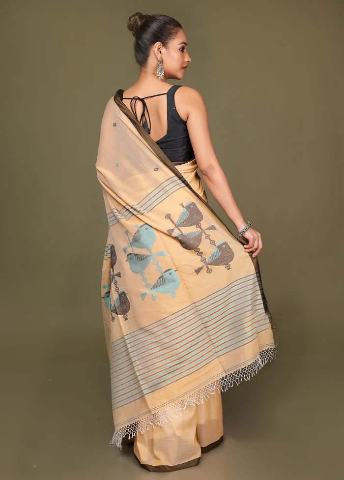 Peach Pure Cotton Saree With Blouse Piece - Image 3