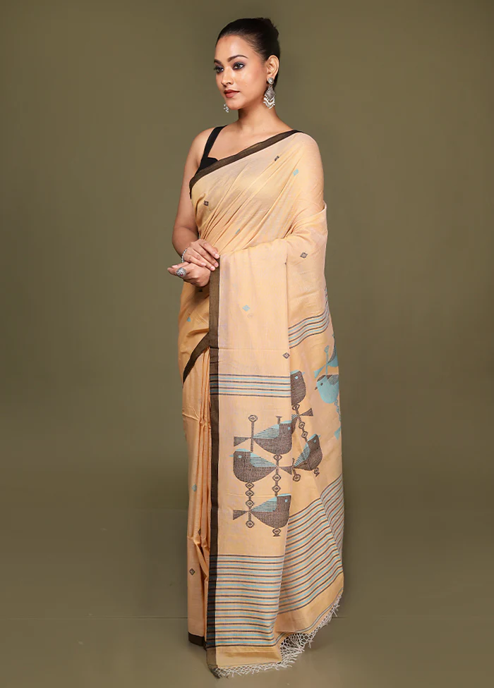 Peach Pure Cotton Saree With Blouse Piece - Image 4