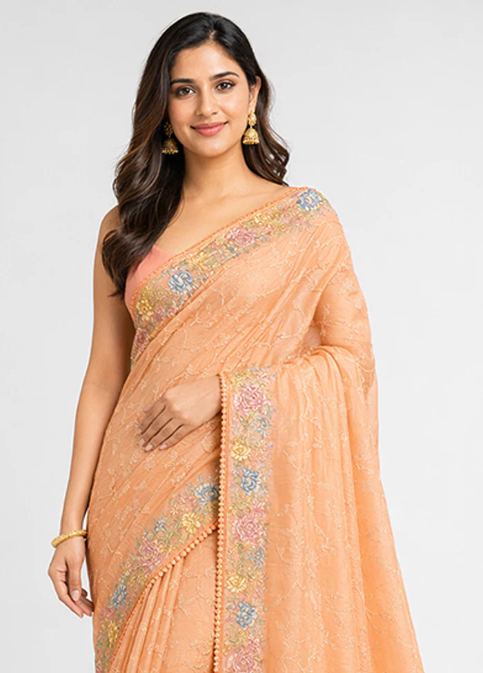 Peach Pure Cotton Saree With Blouse Piece - Image 2