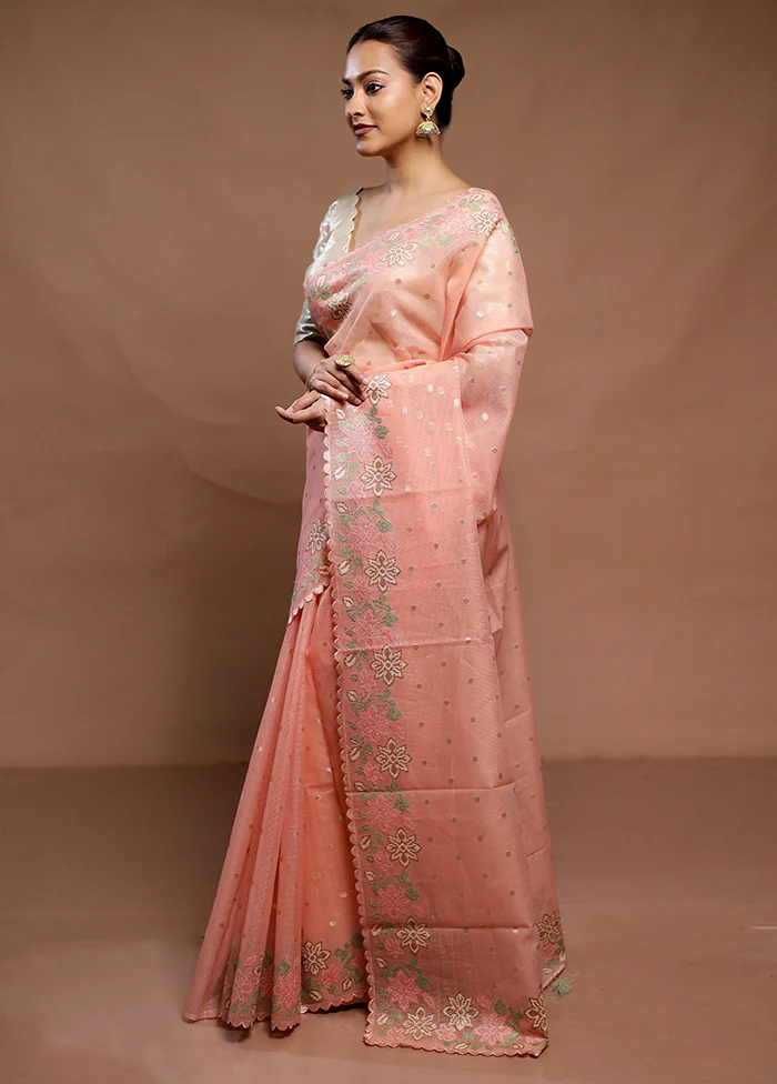 Peach Pure Kota Cotton Saree With Blouse Piece - Image 4