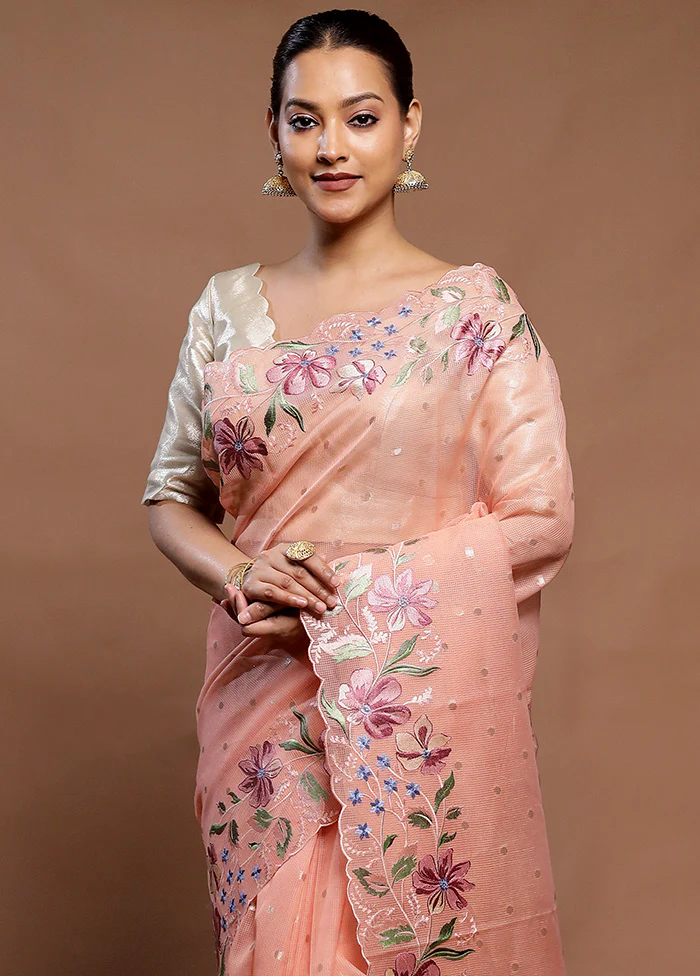 Peach Pure Kota Cotton Saree With Blouse Piece - Image 2