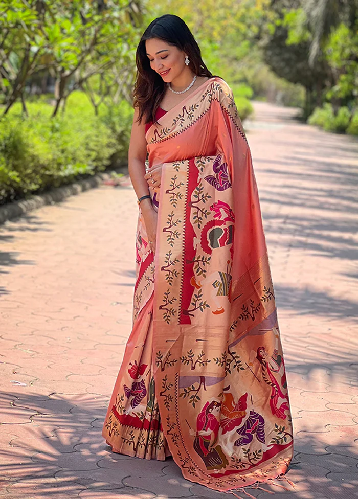 Peach Spun Silk Saree With Blouse Piece - Image 3