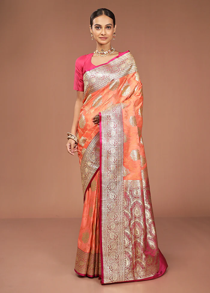 Peach Tanchoi Silk Saree With Blouse Piece - Image 2