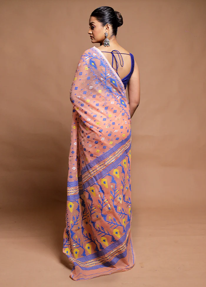 Peach Tant Jamdani Saree Without Blouse Piece - Image 3