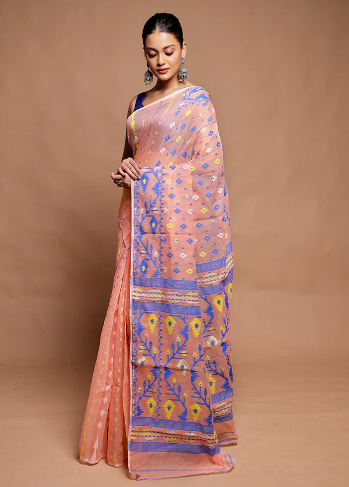 Peach Tant Jamdani Saree Without Blouse Piece - Image 4