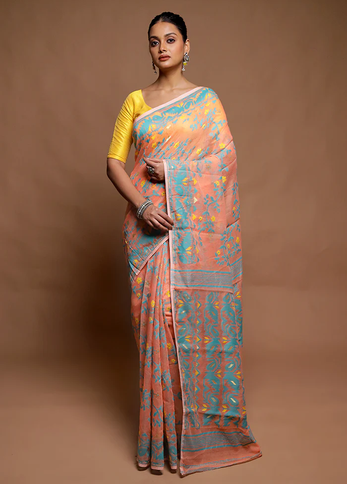 Peach Tant Jamdani Saree Without Blouse Piece