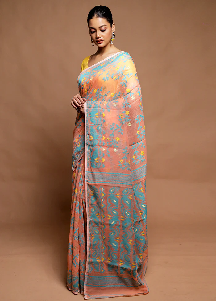 Peach Tant Jamdani Saree Without Blouse Piece - Image 4