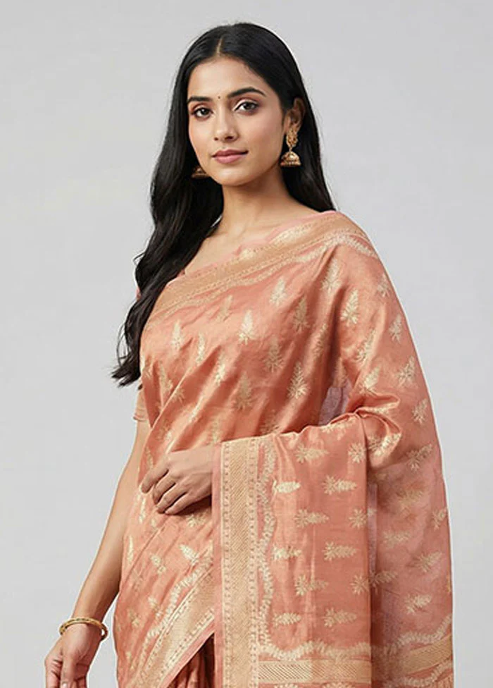 Peach Tissue Silk Saree With Blouse Piece - Image 2