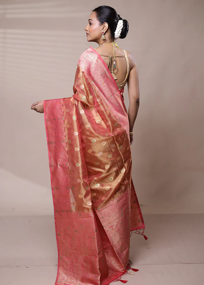 Peach Tissue Silk Saree With Blouse Piece - Image 3