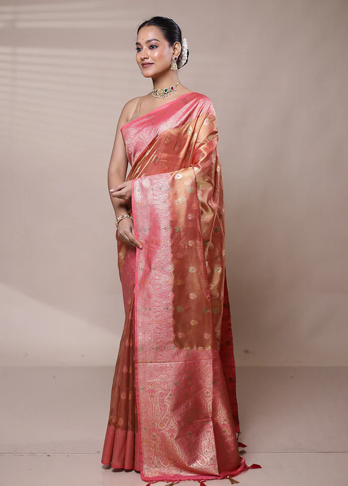 Peach Tissue Silk Saree With Blouse Piece - Image 4