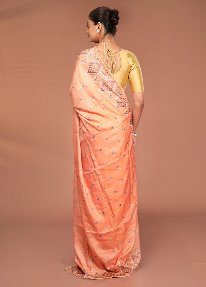 Peach Tussar Pure Silk Saree With Blouse Piece - Image 3